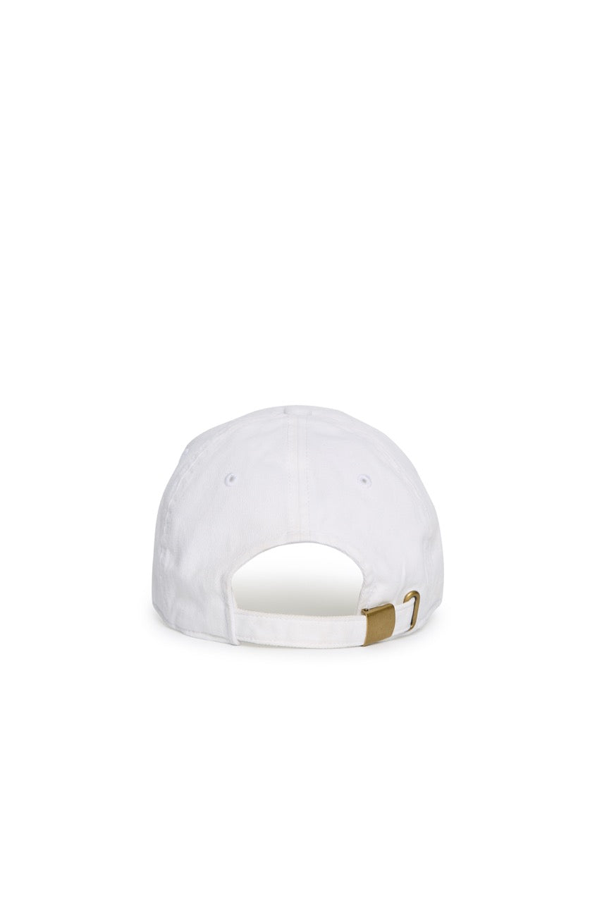 Rex Club | A white Rex Club MTRC - White cap shown from the back, featuring an adjustable strap with a gold buckle and an open section above the strap—this standout piece of club merchandise is inspired by caps from the Manchester Tennis & Racquets Club. | Custom Caps | Custom Hats | Team Headwear | UK