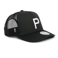 Rex Club | The Rex Club Cornish Pirates - P Trucker is a black cap with a white embroidered "P" on the front, black mesh back panels, and a circular logo patch on the brim. | Custom Caps | Custom Hats | Team Headwear | UK