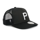 Rex Club | The Rex Club Cornish Pirates - P Trucker is a black cap with a white embroidered "P" on the front, black mesh back panels, and a circular logo patch on the brim. | Custom Caps | Custom Hats | Team Headwear | UK