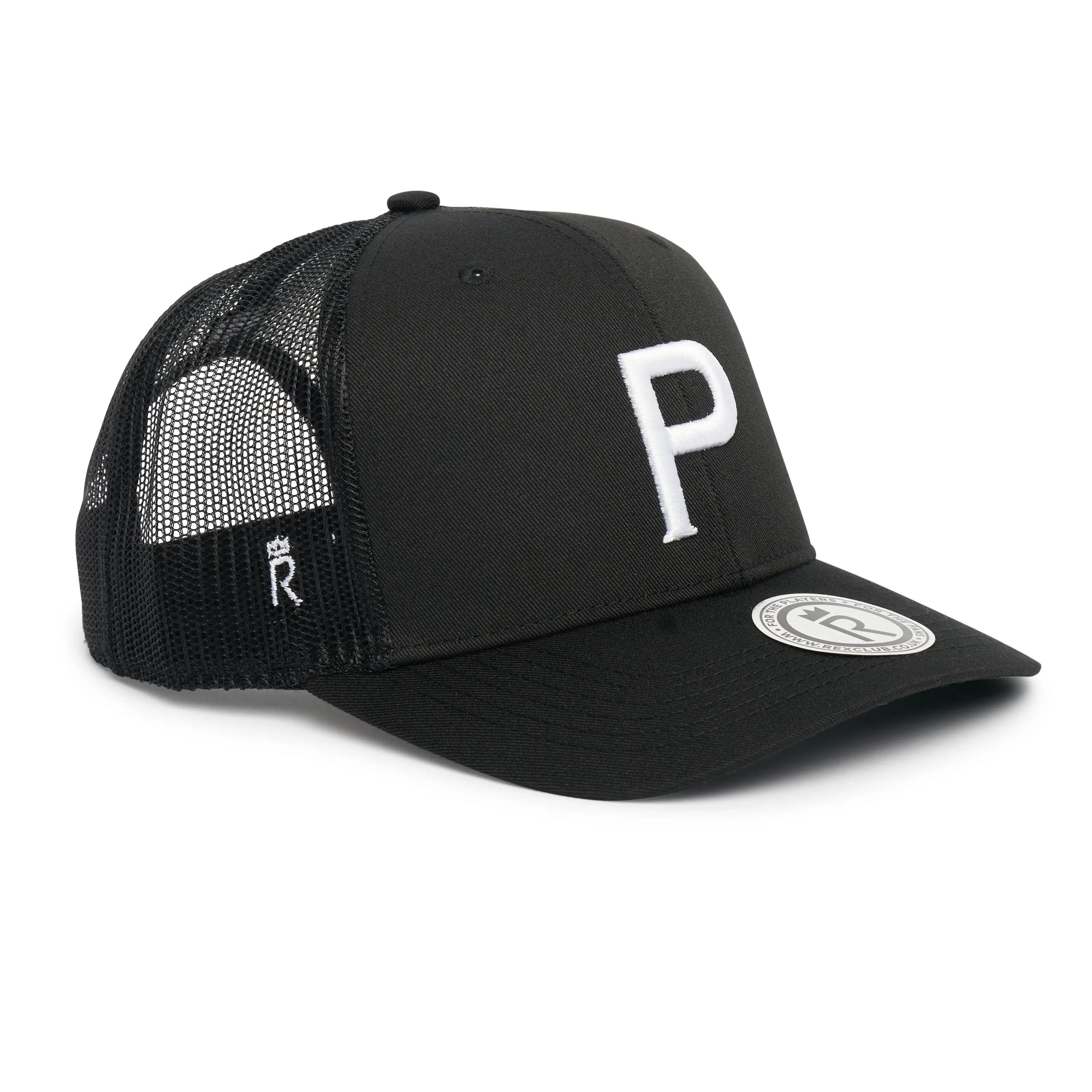 Rex Club | The Rex Club Cornish Pirates - P Trucker is a black cap with a white embroidered "P" on the front, black mesh back panels, and a circular logo patch on the brim. | Custom Caps | Custom Hats | Team Headwear | UK