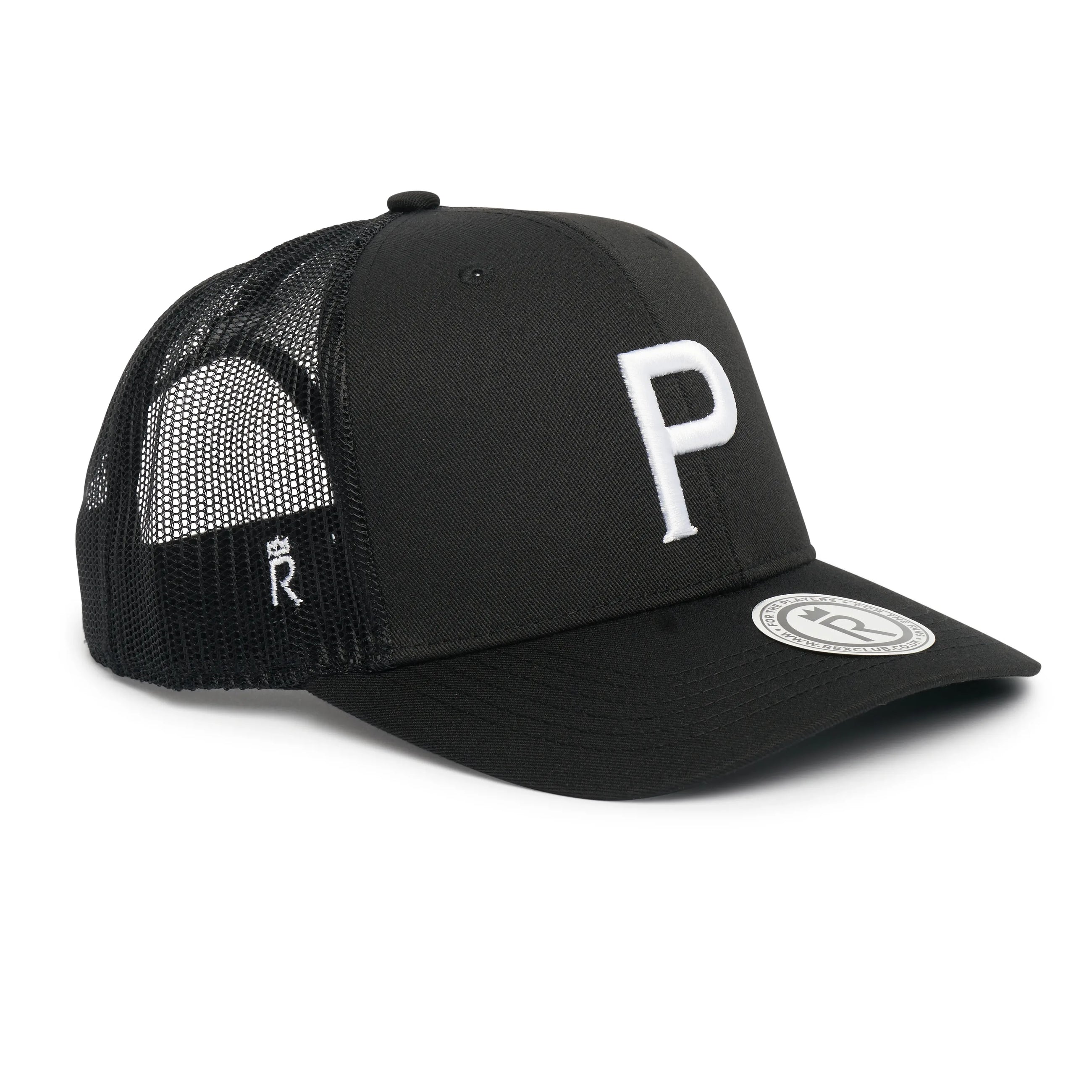 Rex Club | The Rex Club Cornish Pirates - P Trucker is a black cap with a white embroidered "P" on the front, black mesh back panels, and a circular logo patch on the brim. | Custom Caps | Custom Hats | Team Headwear | UK