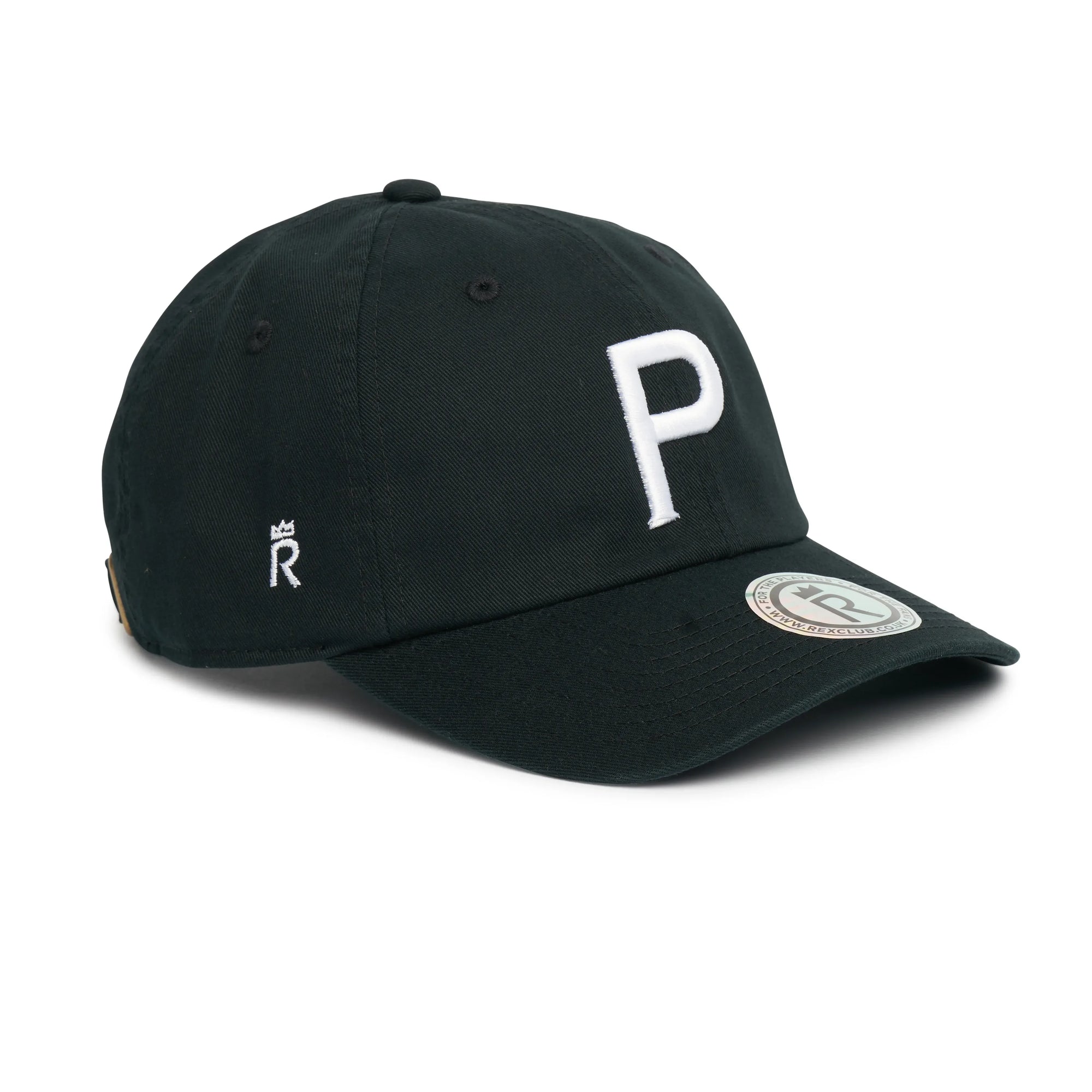 Rex Club | The Rex Club Cornish Pirates - P Slouch cap is a black baseball hat with a bold white embroidered "P" on the front, a small crowned "R" on the side, and a visor sticker, inspired by the Cornish Pirates rugby union team. | Custom Caps | Custom Hats | Team Headwear | UK