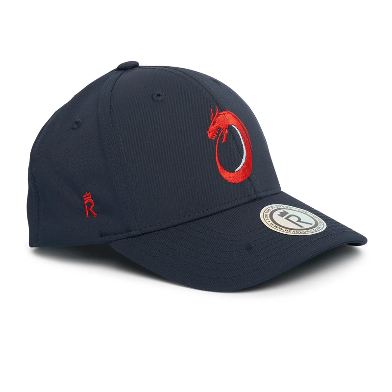 Rex Club | The Rex Club Norway Rugby Stretch cap is navy blue with a red embroidered dragon on the front, inspired by Norway’s national rugby team. It has a silver sticker on the brim and a small red "R" logo on the side. | Custom Caps | Custom Hats | Team Headwear | UK