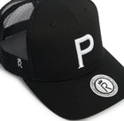Rex Club | The Rex Club Cornish Pirates - P Trucker is a stylish black cap inspired by rugby, featuring a white embroidered "P" on the front and a round sticker with "R" plus "FOR THE PLAYERS • FOR THE NEXT • WWW.REXCLUB.COM". | Custom Caps | Custom Hats | Team Headwear | UK