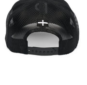 Rex Club | The Rex Club Cornish Pirates - P Trucker is a black mesh cap, shown from the back with an adjustable snapback and a small white cross above the opening—ideal for any Cornish Pirates supporter. | Custom Caps | Custom Hats | Team Headwear | UK