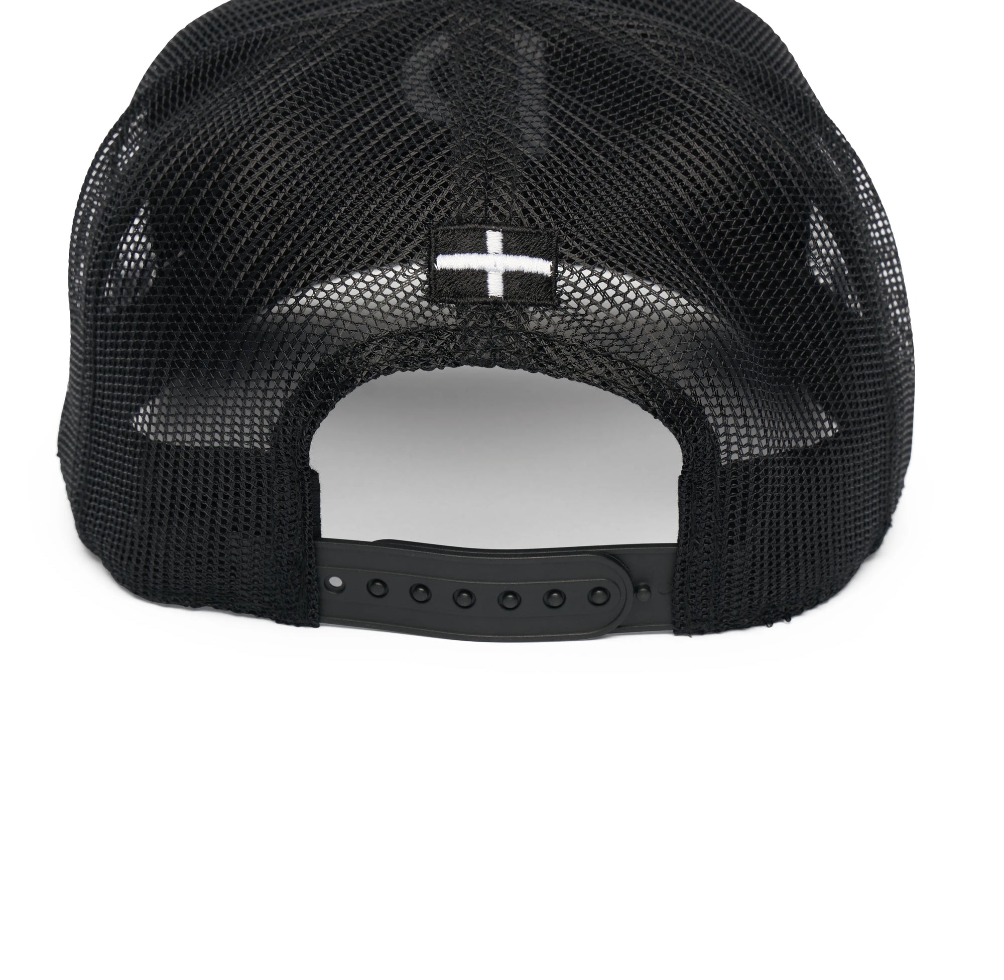 Rex Club | The Rex Club Cornish Pirates - P Trucker is a black mesh cap, shown from the back with an adjustable snapback and a small white cross above the opening—ideal for any Cornish Pirates supporter. | Custom Caps | Custom Hats | Team Headwear | UK