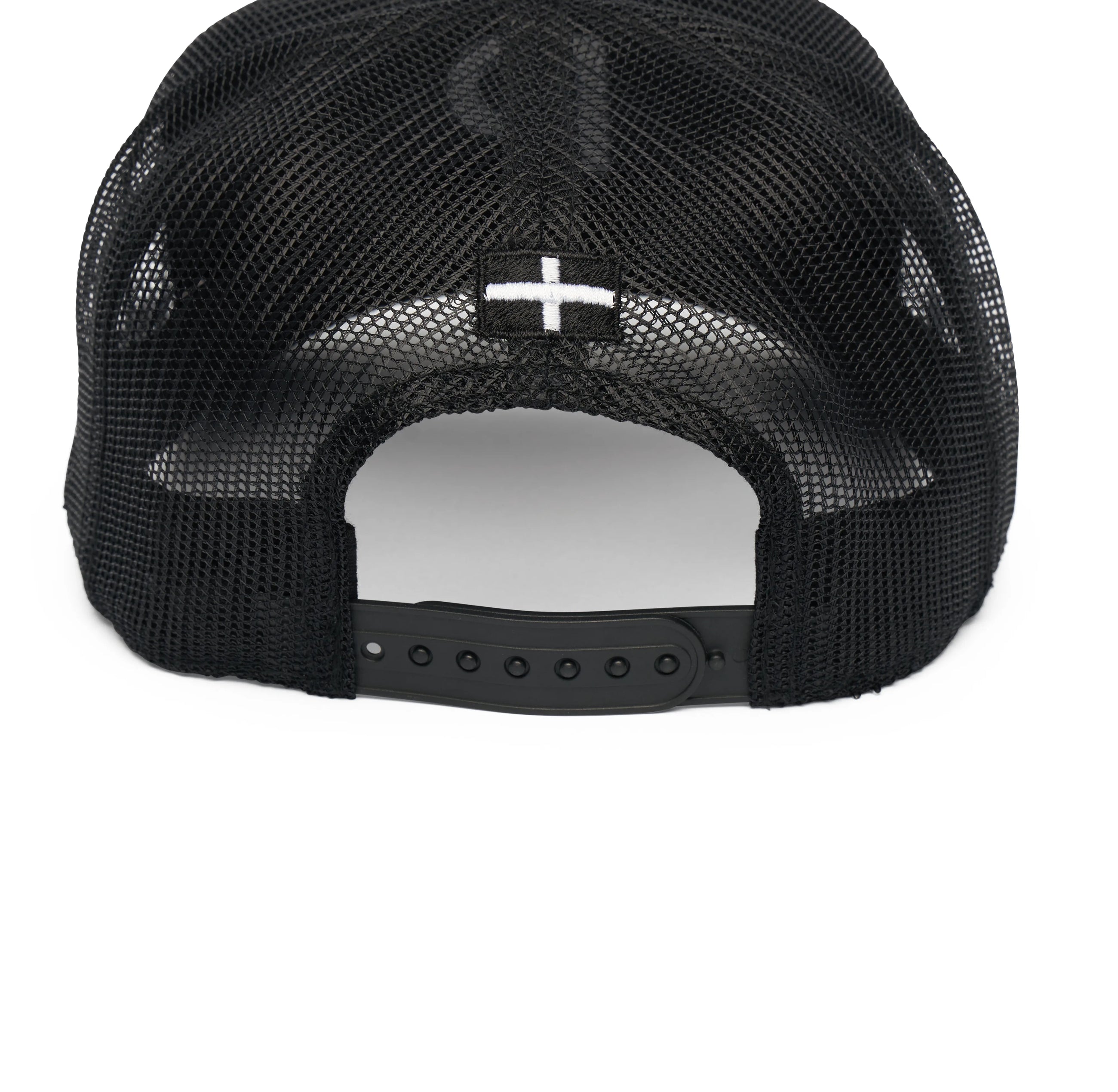 Rex Club | The Rex Club Cornish Pirates - P Trucker is a black mesh cap, shown from the back with an adjustable snapback and a small white cross above the opening—ideal for any Cornish Pirates supporter. | Custom Caps | Custom Hats | Team Headwear | UK