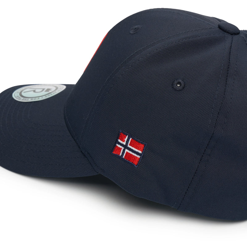 Rex Club | The Rex Club Norway Rugby Stretch is a navy blue baseball cap with a small embroidered Norwegian flag, a round sticker on the brim, perfect for fans of the Norway national rugby union team. | Custom Caps | Custom Hats | Team Headwear | UK