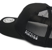 Rex Club | The Rex Club Cornish Pirates - P Trucker is a black mesh cap with a white circular logo on the bill and "Cornish Pirates" embroidered in white on the side—ideal for rugby cap collectors. | Custom Caps | Custom Hats | Team Headwear | UK