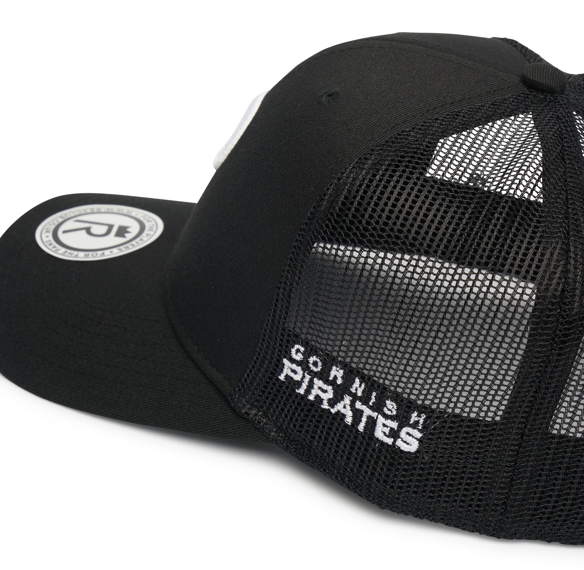 Rex Club | The Rex Club Cornish Pirates - P Trucker is a black mesh cap with a white circular logo on the bill and "Cornish Pirates" embroidered in white on the side—ideal for rugby cap collectors. | Custom Caps | Custom Hats | Team Headwear | UK