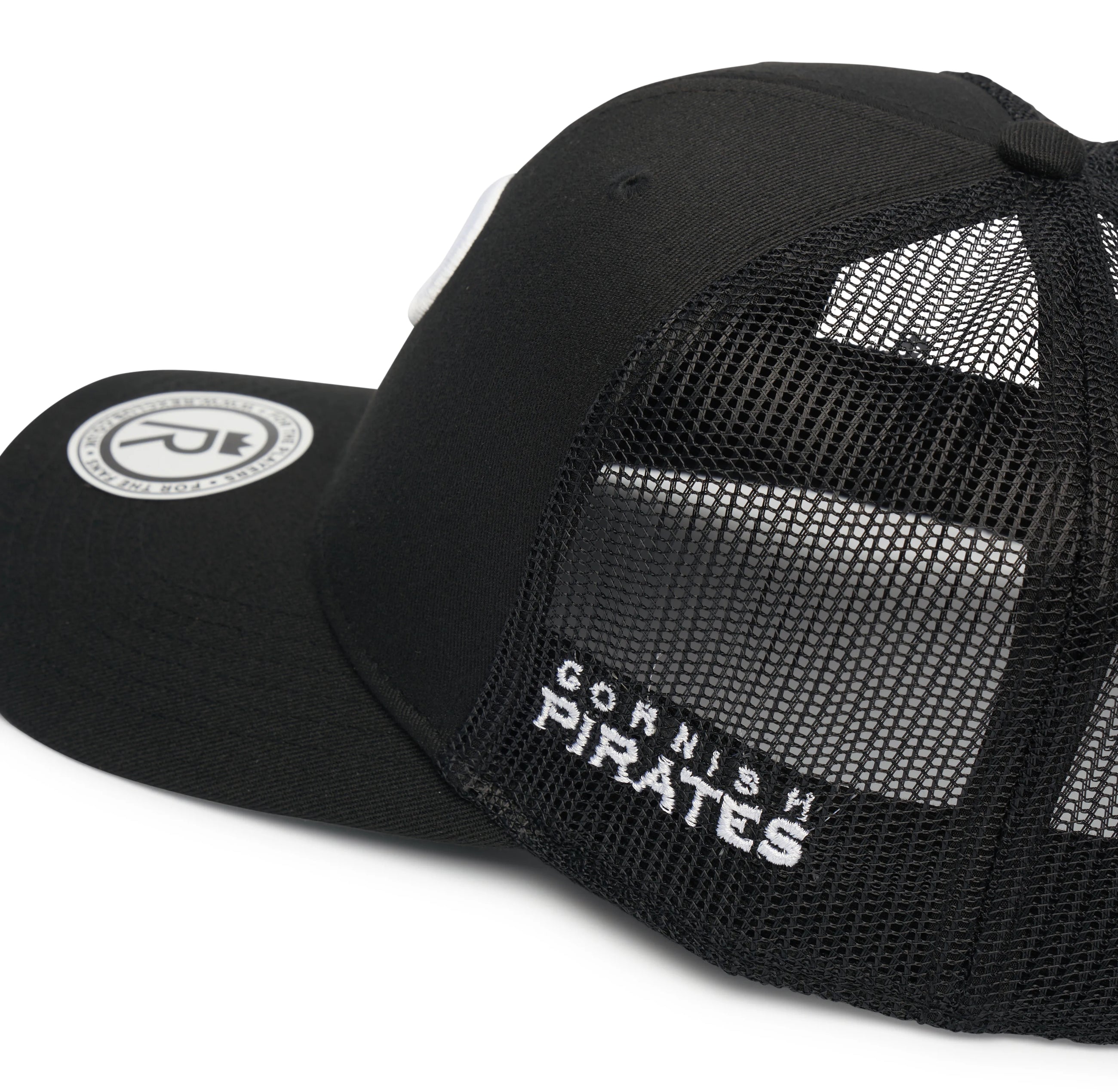 Rex Club | The Rex Club Cornish Pirates - P Trucker is a black mesh cap with a white circular logo on the bill and "Cornish Pirates" embroidered in white on the side—ideal for rugby cap collectors. | Custom Caps | Custom Hats | Team Headwear | UK