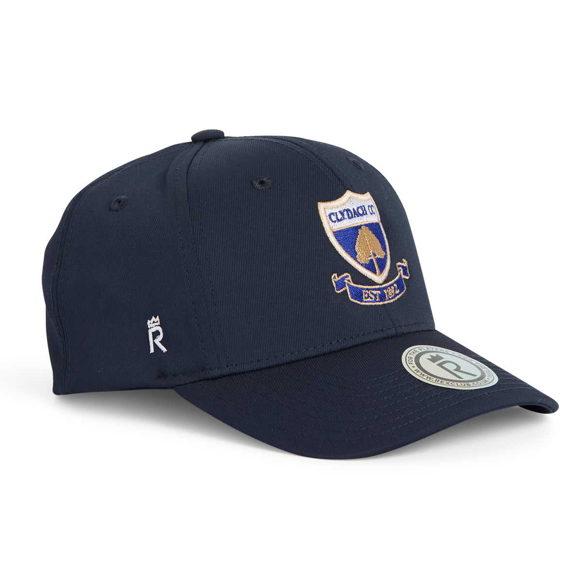 Rex Club | Introducing the Clydach CC Stretch by Rex Club—a navy blue baseball cap designed with a striking crest logo on the front, a small white “R” logo on the side, and a round sticker accenting its curved brim. This stretch fit adjustable cap is expertly crafted from a premium polyester-cotton-spandex blend, ensuring lasting comfort and style. | Custom Caps | Custom Hats | Team Headwear | UK