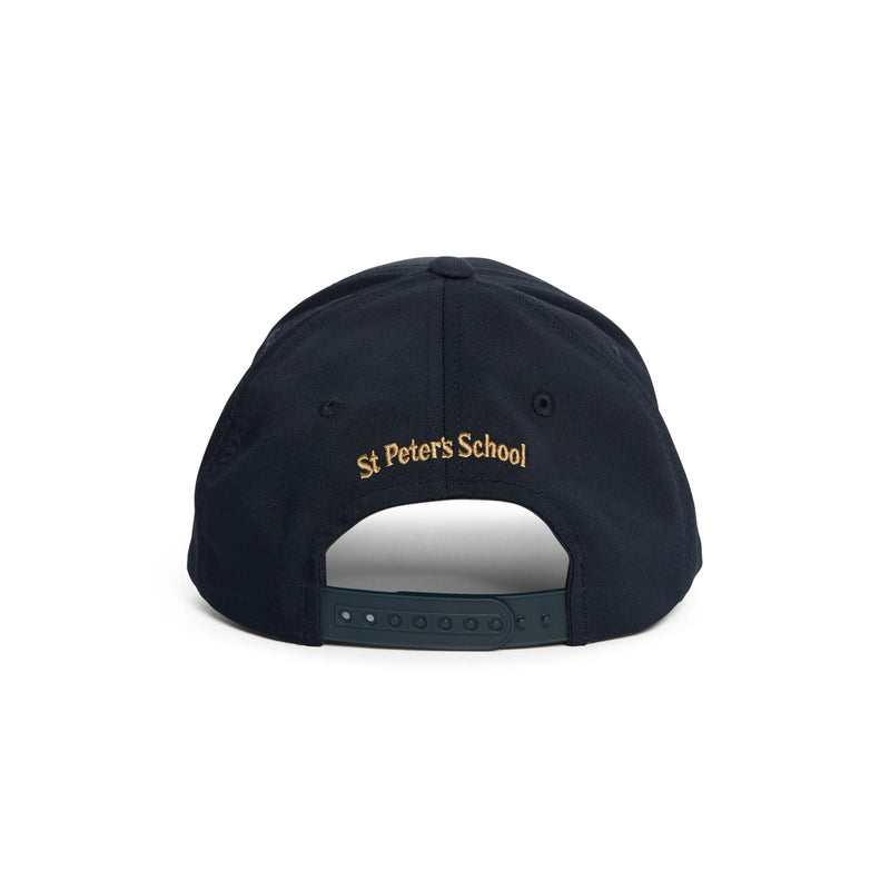 Rex Club | A navy blue St Peter’s York baseball cap by Rex Club, shown from the back with yellow embroidered "St Peter's School, York" lettering above an adjustable snap closure—an ideal way to honor the legacy of the world’s third-oldest school. | Custom Caps | Custom Hats | Team Headwear | UK
