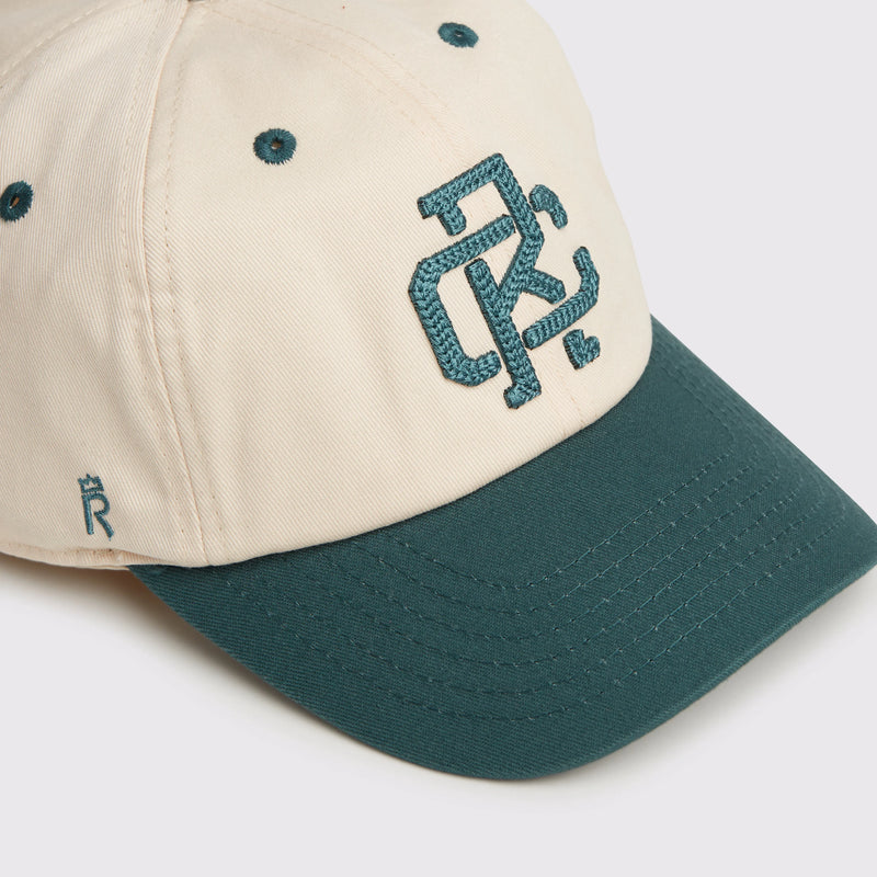 Rex Club | The Rex Club RC - Two/Tone - SS26 Green cap is beige with a green brim, made from 100% cotton. It features an embroidered green interlocking "RC" logo on the front and a small crown logo on the side. One size fits most. | Custom Caps | Custom Hats | Team Headwear | UK