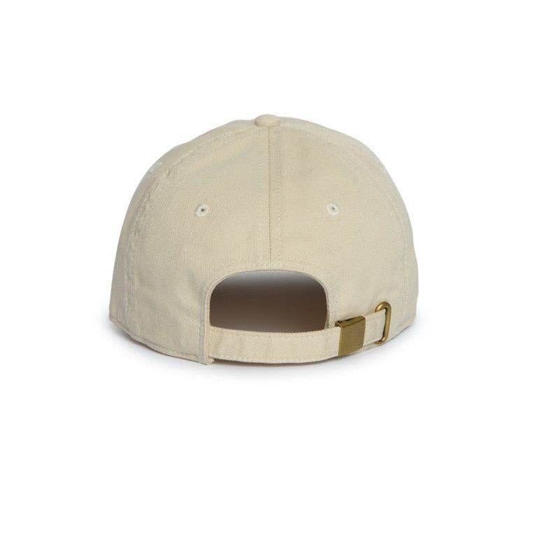 A light beige baseball cap shown from the back, featuring a curved snapback strap with a gold-toned metal buckle, set against a plain white background.
