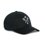 Rex Club | Sure! Here’s your rewritten sentence using the provided product data: The Rex Club MTRC - Black cap features a classic black design with white embroidery on the front, displaying two crossed tennis rackets, a crown, “1876,” a fleur-de-lis, and three small dots. This timeless piece of club merchandise is perfect for fans and members of the Manchester Tennis & Racquets Club. | Custom Caps | Custom Hats | Team Headwear | UK