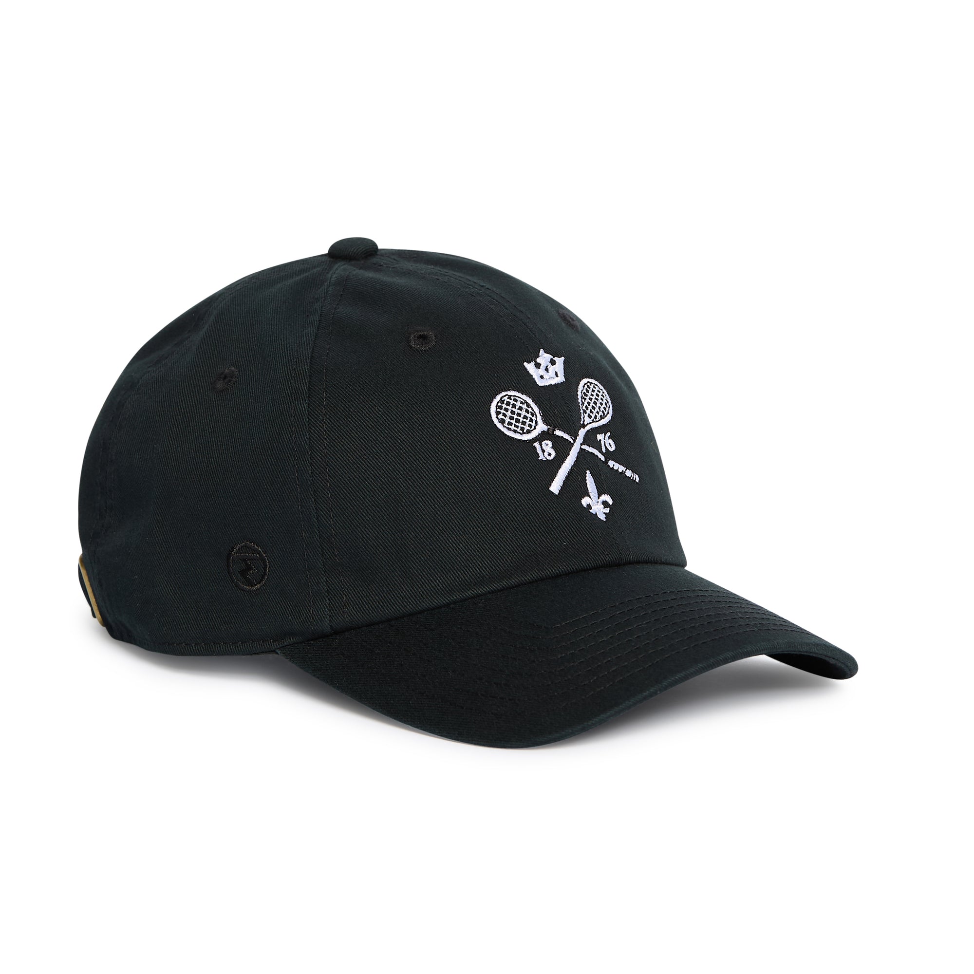 Rex Club | Sure! Here’s your rewritten sentence using the provided product data: The Rex Club MTRC - Black cap features a classic black design with white embroidery on the front, displaying two crossed tennis rackets, a crown, “1876,” a fleur-de-lis, and three small dots. This timeless piece of club merchandise is perfect for fans and members of the Manchester Tennis & Racquets Club. | Custom Caps | Custom Hats | Team Headwear | UK