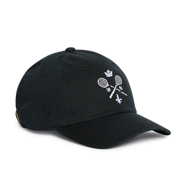 Rex Club | Sure! Here’s your rewritten sentence using the provided product data: The Rex Club MTRC - Black cap features a classic black design with white embroidery on the front, displaying two crossed tennis rackets, a crown, “1876,” a fleur-de-lis, and three small dots. This timeless piece of club merchandise is perfect for fans and members of the Manchester Tennis & Racquets Club. | Custom Caps | Custom Hats | Team Headwear | UK