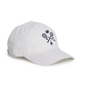 Rex Club | Introducing the MTRC - White baseball cap by Rex Club, featuring an embroidered design of two crossed tennis racquets, a crown, the numbers “16” and “18”, the word “tennis,” and a small fleur-de-lis on the front. This must-have piece of Manchester Tennis & Racquets Club merchandise is perfect for any fan. | Custom Caps | Custom Hats | Team Headwear | UK