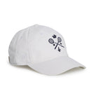 Rex Club | Introducing the MTRC - White baseball cap by Rex Club, featuring an embroidered design of two crossed tennis racquets, a crown, the numbers “16” and “18”, the word “tennis,” and a small fleur-de-lis on the front. This must-have piece of Manchester Tennis & Racquets Club merchandise is perfect for any fan. | Custom Caps | Custom Hats | Team Headwear | UK