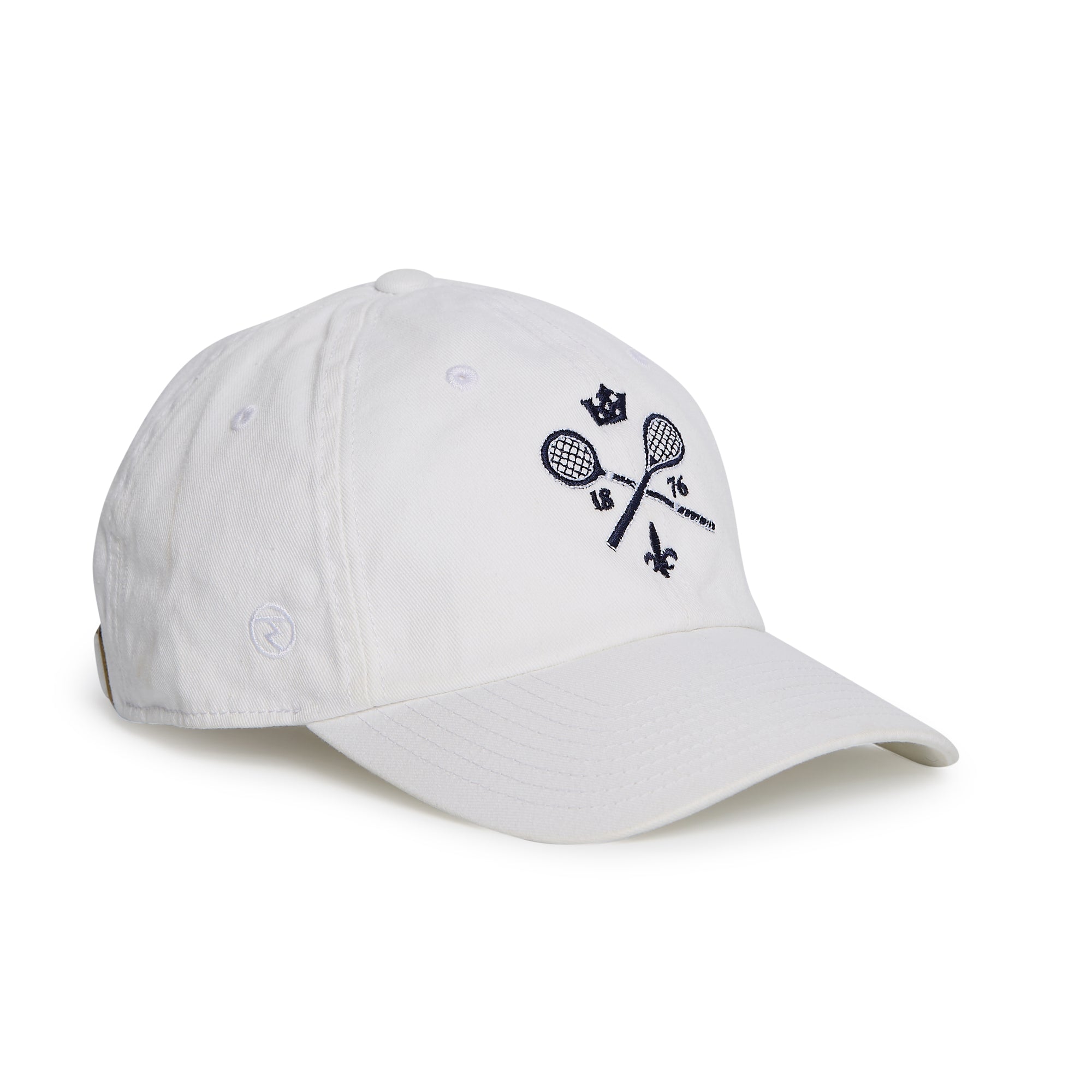 Rex Club | Introducing the MTRC - White baseball cap by Rex Club, featuring an embroidered design of two crossed tennis racquets, a crown, the numbers “16” and “18”, the word “tennis,” and a small fleur-de-lis on the front. This must-have piece of Manchester Tennis & Racquets Club merchandise is perfect for any fan. | Custom Caps | Custom Hats | Team Headwear | UK