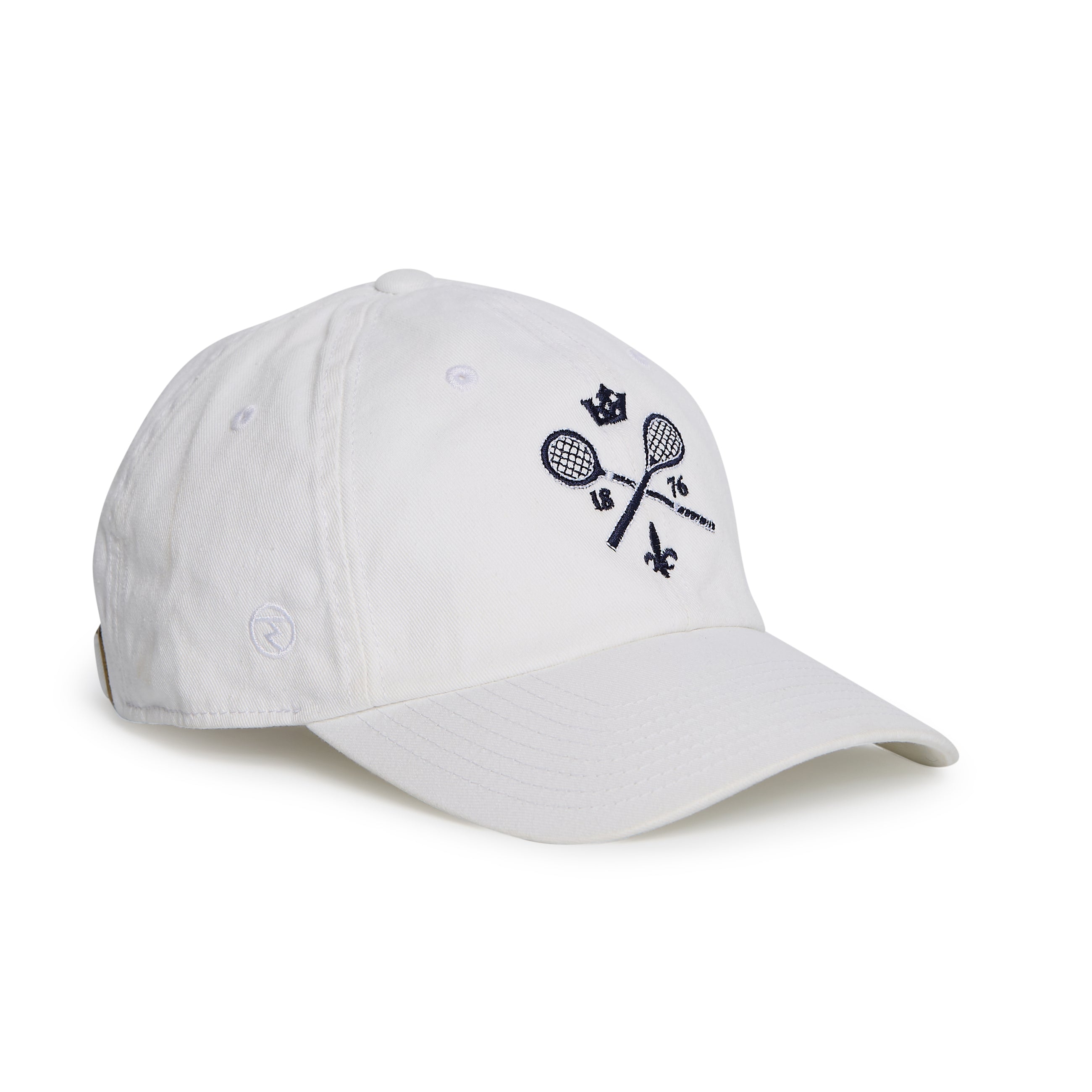 Rex Club | Introducing the MTRC - White baseball cap by Rex Club, featuring an embroidered design of two crossed tennis racquets, a crown, the numbers “16” and “18”, the word “tennis,” and a small fleur-de-lis on the front. This must-have piece of Manchester Tennis & Racquets Club merchandise is perfect for any fan. | Custom Caps | Custom Hats | Team Headwear | UK