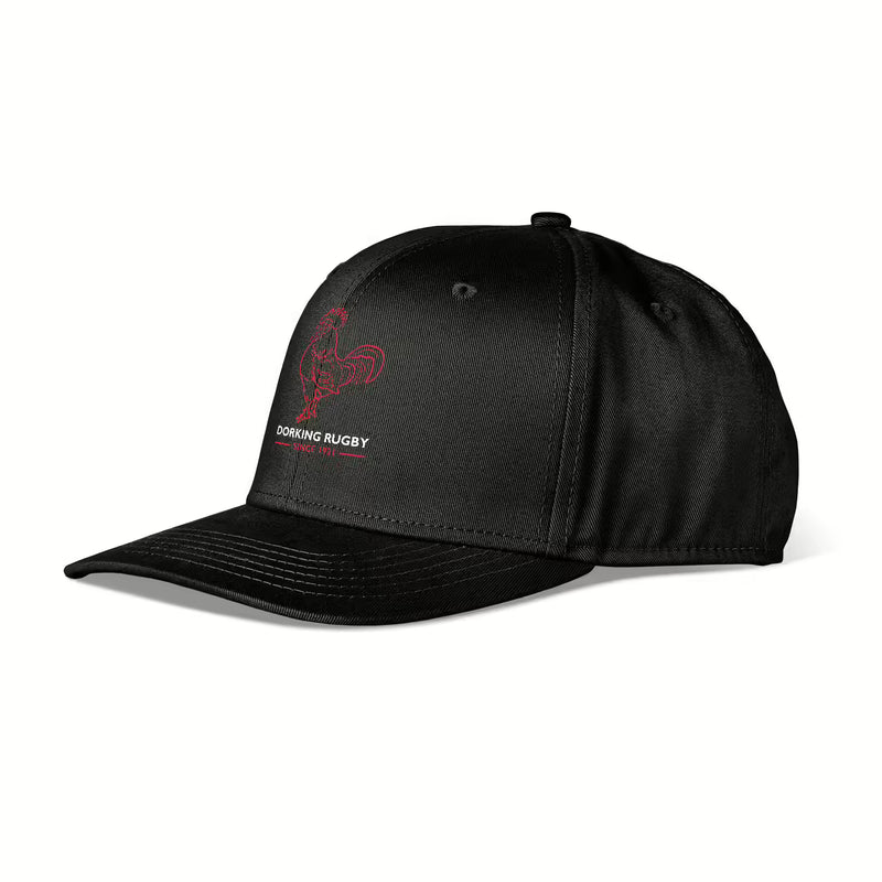 Rex Club | The Rex Club Dorking RFC Snapback is a black cap with a curved brim, red rooster outline, and "Dorking Rugby" embroidered on the front—perfect for any Surrey rugby or Dorking Rugby Club fan. | Custom Caps | Custom Hats | Team Headwear | UK