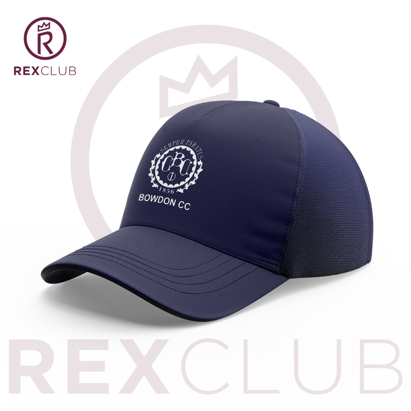 Rex Club | The Bowdon CC Stretch by Rex Club is a navy blue baseball cap featuring a white embroidered Bowdon Cricket Club logo with laurel on the front. Displayed on white with "REXCLUB" branding—ideal for Greater Manchester cricket fans. | Custom Caps | Custom Hats | Team Headwear | UK