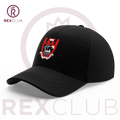 Rex Club | The North Berwick RFC Stretch by Rex Club is a black baseball cap with a red, white, and black embroidered crest on the front, shown on a white background with the "REX CLUB" logo, emphasizing its customised stretch fit for rugby fans. | Custom Caps | Custom Hats | Team Headwear | UK