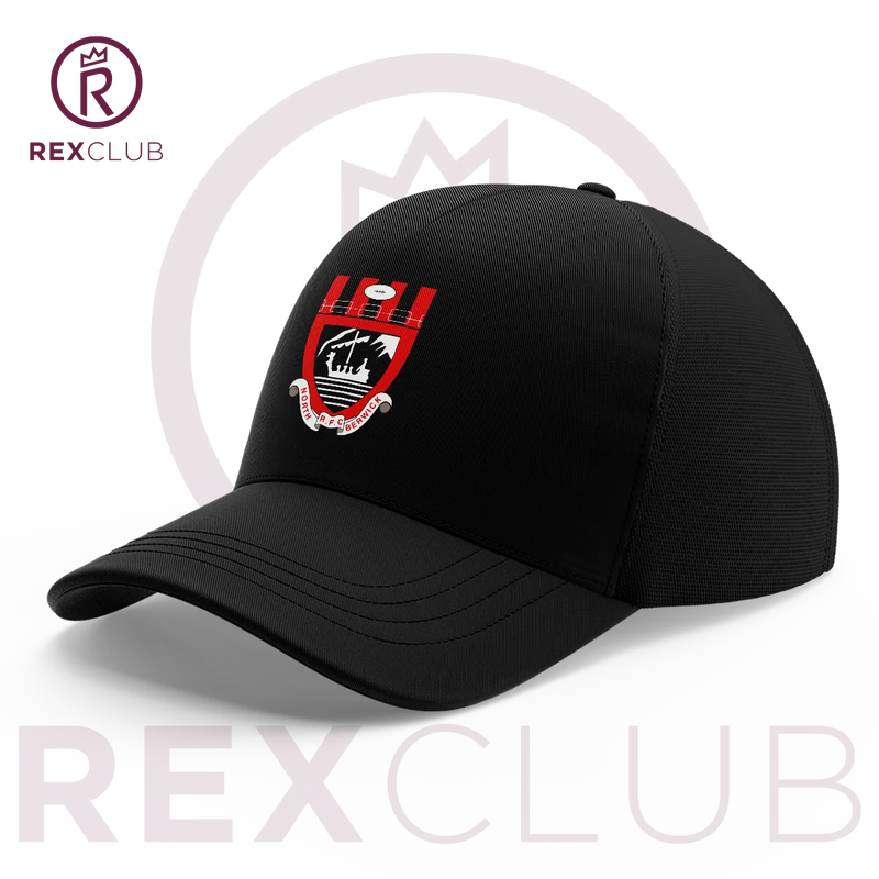 Rex Club | The North Berwick RFC Stretch by Rex Club is a black baseball cap with a red, white, and black embroidered crest on the front, shown on a white background with the "REX CLUB" logo, emphasizing its customised stretch fit for rugby fans. | Custom Caps | Custom Hats | Team Headwear | UK