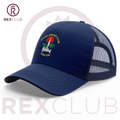 Rex Club | The Fylde CC Trucker by Rex Club is a navy blue mesh cap featuring the Poulton logo on the front, with "REX CLUB" branding and a Palace Shield Cricket League circular logo in the corners, displayed on a light background. | Custom Caps | Custom Hats | Team Headwear | UK