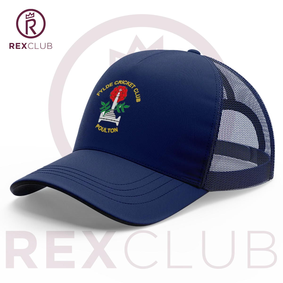 Rex Club | The Fylde CC Trucker by Rex Club is a navy blue mesh cap featuring the Poulton logo on the front, with "REX CLUB" branding and a Palace Shield Cricket League circular logo in the corners, displayed on a light background. | Custom Caps | Custom Hats | Team Headwear | UK