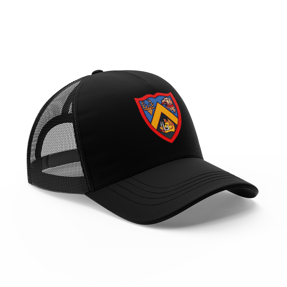 Rex Club | The Rex Club Trinity Academicals Trucker is a black mesh trucker hat with a vibrant shield crest in yellow, red, and blue on the front panel, shown against a white background. | Custom Caps | Custom Hats | Team Headwear | UK