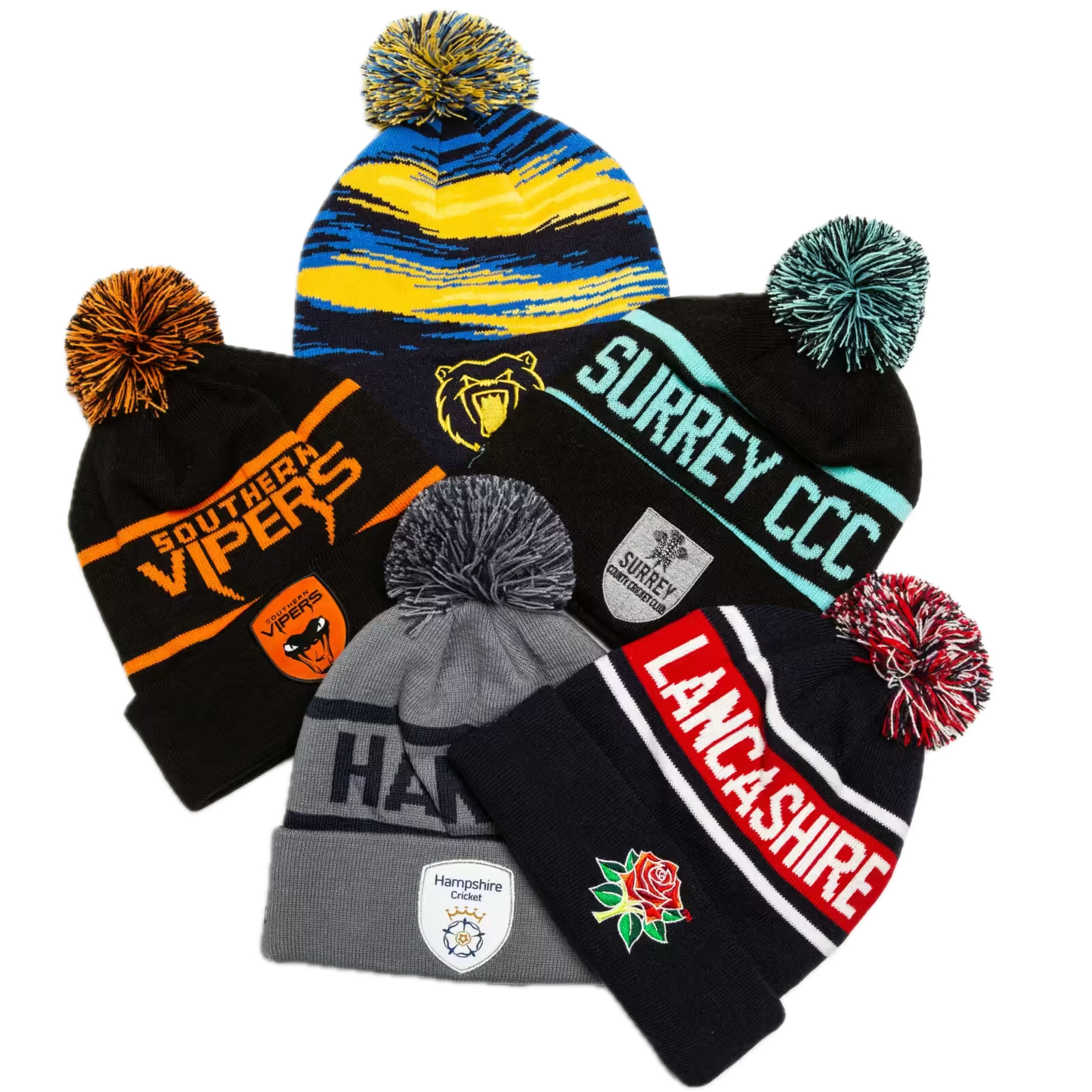 Rex Club | Five colorful pom-pom beanies with sports team logos and names, arranged overlapping on a white background. Each hat features distinct colors, patterns, and embroidered or printed team branding. | Custom Caps | Custom Hats | Team Headwear | UK