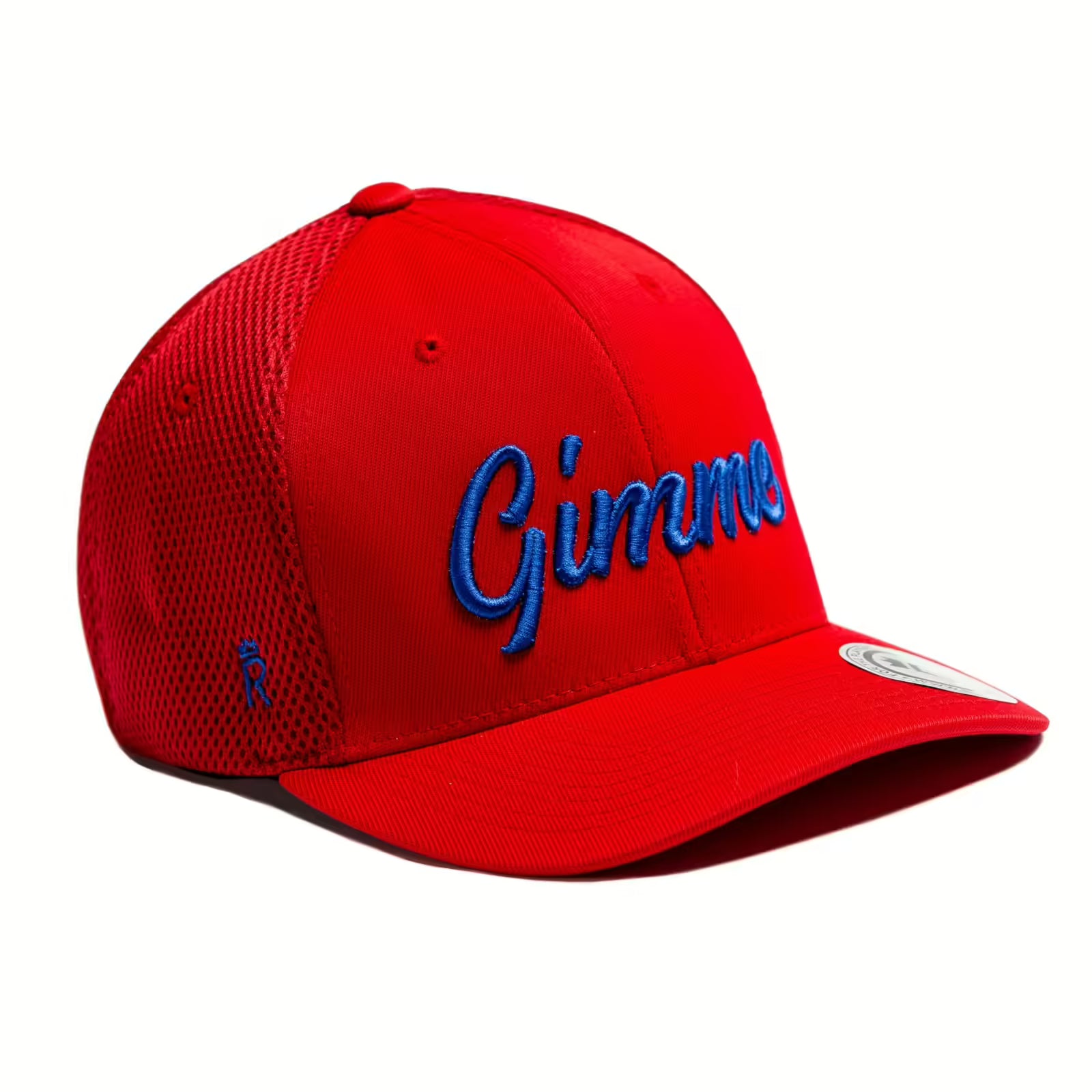 Rex Club | The Rex Club "Gimme" stretch fit golf cap is red with blue mesh sides and blue cursive embroidery on the front. A white circular sticker on the brim adds style, making it a functional and fashionable hat for the golf range. | Custom Caps | Custom Hats | Team Headwear | UK