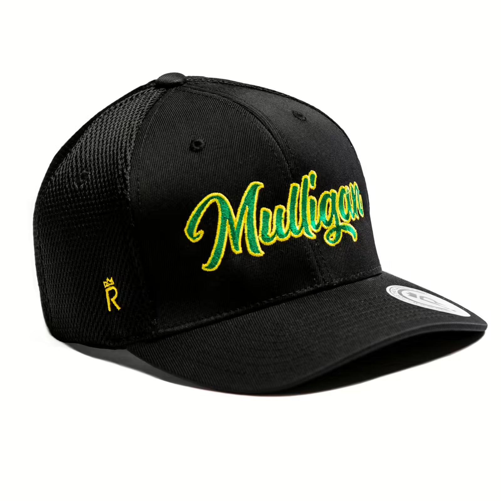Rex Club | The Rex Club Mulligan is a black mesh golf cap with "Mulligan" embroidered in yellow and green script on the front and a small gold "R" logo on the side—perfect for your next round. | Custom Caps | Custom Hats | Team Headwear | UK