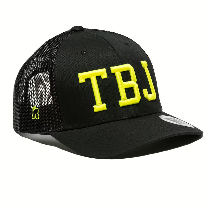Rex Club | The Rex Club Team Bin Juice cap features black mesh, bold flo yellow "TBJ" embroidery on the front, a small white side logo, curved brim, and an adjustable snapback closure. | Custom Caps | Custom Hats | Team Headwear | UK