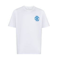 Rex Club | A white short-sleeve t-shirt with a minimalistic blue graphic design on the left chest area. The design consists of intertwined letters forming a compact, abstract pattern. The Rex the Lion has a crew neckline and a clean, modern look. | Custom Caps | Custom Hats | Team Headwear | UK