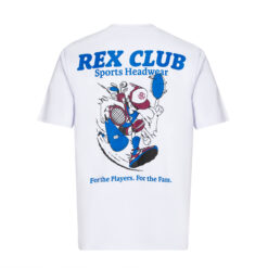 Rex Club | A white "Rex Club - Summer T Shirt 24" featuring a cartoon graphic of various sports gear like helmets and gloves in midair. The text reads "REX CLUB Sports Headwear" at the top and "For the Players. For the Fans." at the bottom. | Custom Caps | Custom Hats | Team Headwear | UK