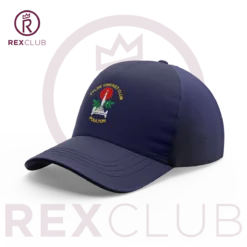 Rex Club | A blue Fylde CC Stretch baseball cap, adorned with the Fylde Cricket Club Poulton emblem of crossed cricket bats and a red rose, is displayed against a white background. The cap appears inside a transparent circle featuring a crown symbol and is accompanied by the text "REX CLUB" at the bottom. | Custom Caps | Custom Hats | Team Headwear | UK