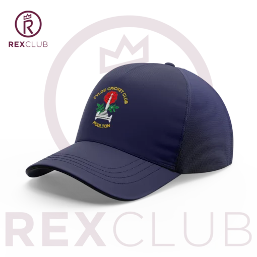 Rex Club | A blue Fylde CC Stretch baseball cap, adorned with the Fylde Cricket Club Poulton emblem of crossed cricket bats and a red rose, is displayed against a white background. The cap appears inside a transparent circle featuring a crown symbol and is accompanied by the text "REX CLUB" at the bottom. | Custom Caps | Custom Hats | Team Headwear | UK