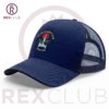 Rex Club | A "Fylde CC Trucker" blue mesh-back cap, featuring the "Fylde Cricket Club Poulton" embroidery on the front, accompanied by an image of a rose and cricket stumps. The cap is showcased against a white background with "REX CLUB" text and logo at the top. | Custom Caps | Custom Hats | Team Headwear | UK