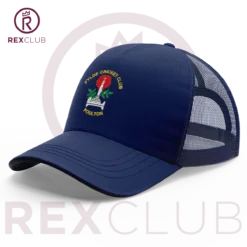 Rex Club | A "Fylde CC Trucker" blue mesh-back cap, featuring the "Fylde Cricket Club Poulton" embroidery on the front, accompanied by an image of a rose and cricket stumps. The cap is showcased against a white background with "REX CLUB" text and logo at the top. | Custom Caps | Custom Hats | Team Headwear | UK