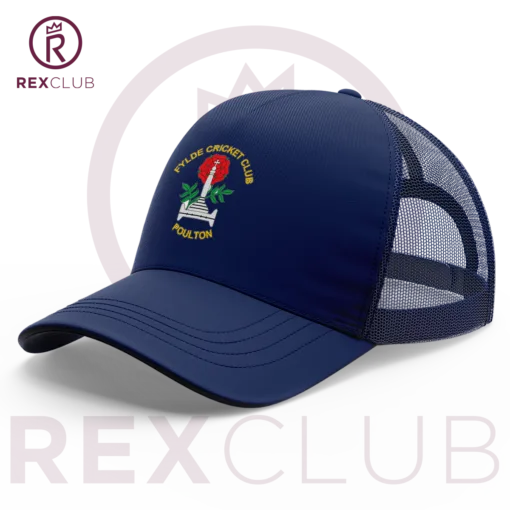 Rex Club | A "Fylde CC Trucker" blue mesh-back cap, featuring the "Fylde Cricket Club Poulton" embroidery on the front, accompanied by an image of a rose and cricket stumps. The cap is showcased against a white background with "REX CLUB" text and logo at the top. | Custom Caps | Custom Hats | Team Headwear | UK