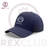 Rex Club | Introducing the Bowdon CC Stretch: a navy blue cap adorned with "BOWDON CC" and a circular logo showcasing a lion and crown. The background highlights a prominent burgundy circle with a crown symbol, and "REX CLUB" is boldly inscribed in burgundy at the bottom. | Custom Caps | Custom Hats | Team Headwear | UK