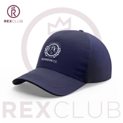 Rex Club | Introducing the Bowdon CC Stretch: a navy blue cap adorned with "BOWDON CC" and a circular logo showcasing a lion and crown. The background highlights a prominent burgundy circle with a crown symbol, and "REX CLUB" is boldly inscribed in burgundy at the bottom. | Custom Caps | Custom Hats | Team Headwear | UK