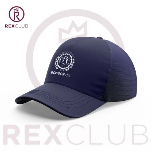 Rex Club | Introducing the Bowdon CC Stretch: a navy blue cap adorned with "BOWDON CC" and a circular logo showcasing a lion and crown. The background highlights a prominent burgundy circle with a crown symbol, and "REX CLUB" is boldly inscribed in burgundy at the bottom. | Custom Caps | Custom Hats | Team Headwear | UK