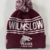 Rex Club | The Wilmslow Wolves RUFC Bobble Hat is maroon and white, featuring a pom-pom on top. It prominently displays the text "WILMSLOW" in large letters, along with "WILMSLOW RUGBY" accompanied by a wolf logo below. | Custom Caps | Custom Hats | Team Headwear | UK