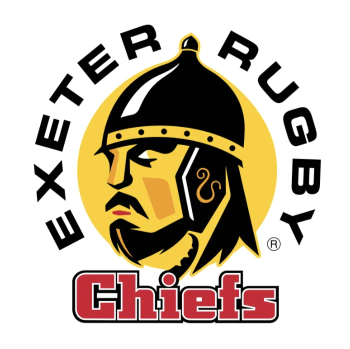 Rex Club | Logo of Exeter Rugby Chiefs featuring a stylized warrior in profile wearing a helmet, encircled by the text "EXETER RUGBY CHIEFS." The word "Chiefs" is in bold red lettering at the bottom. | Custom Caps | Custom Hats | Team Headwear | UK