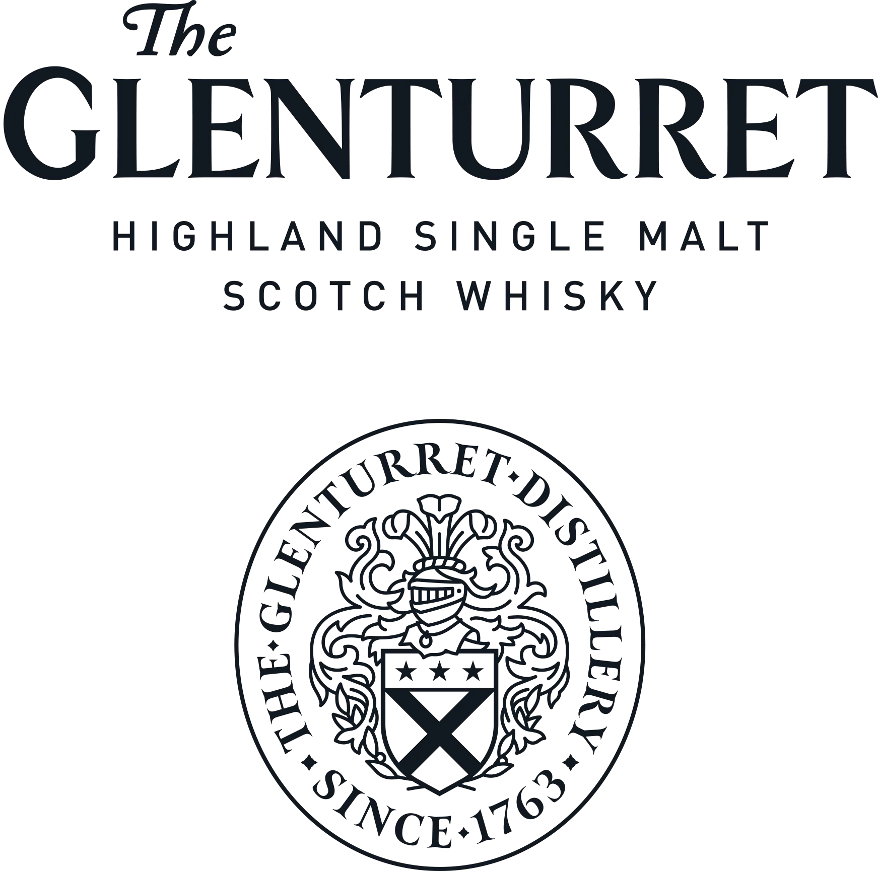 Rex Club | Label for The Glenturret Highland Single Malt Scotch Whisky. Text includes "The Glenturret Distillery" and "Since 1763" with a circular emblem featuring a stylized crest. | Custom Caps | Custom Hats | Team Headwear | UK